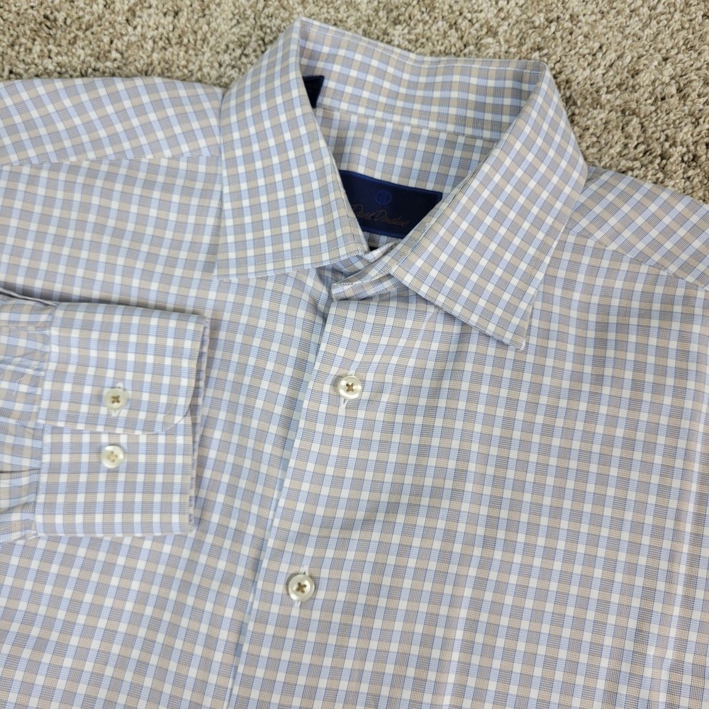 David Donahue Trim Mens 16.5-32/33 White Gray Blue Check Button Up Long Sleeve